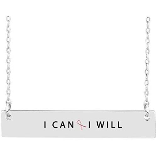 by you Inspirational Pink Ribbon Breast Cancer Awareness Horizontal Engraved Bar Pendant Necklace