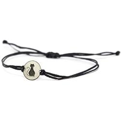 Stainless Steel Cat Lover Charm on Double Black String Bracelet for Men & Women - Cat Mom Gift, Pet Bracelet, Cat Lover Gifts for Women - Waterproof, Hypoallergenic Cat Jewelry