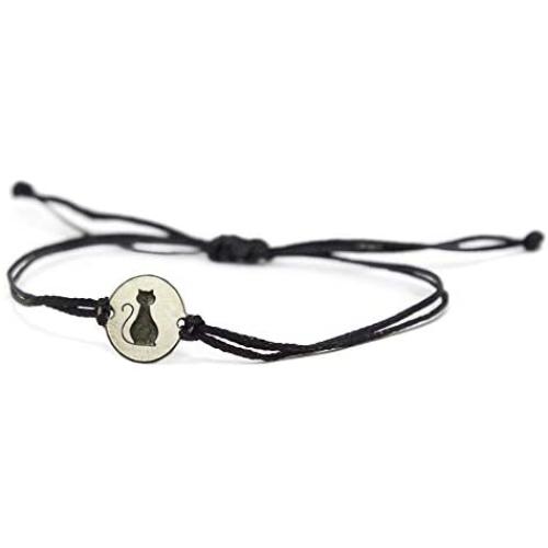 Stainless Steel Cat Lover Charm on Double Black String Bracelet for Men & Women - Cat Mom Gift, Pet Bracelet, Cat Lover Gifts for Women - Waterproof, Hypoallergenic Cat Jewelry