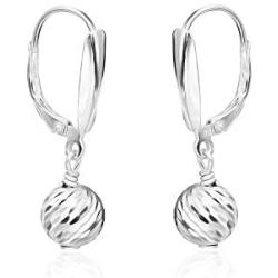 Sea of Ice Sterling Silver Diamond-Cut 8mm Ball Beads Leverback Drop Dangle Earrings for Women Girl