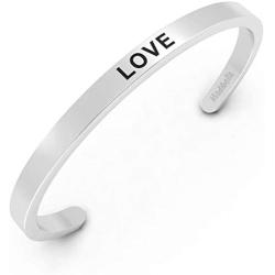 Silver Love Bracelet For Women - Adjustable Cuff Stainless Steel Bracelet - Inspirational and Simple Bangle - Fits Kids, Teenage Girls, and Adults
