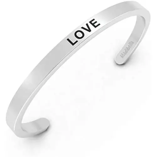 Silver Love Bracelet For Women - Adjustable Cuff Stainless Steel Bracelet - Inspirational and Simple Bangle - Fits Kids, Teenage Girls, and Adults