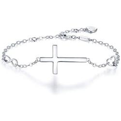 BlingGem Bracelets for Women 925 Sterling Silver Dainty Religious Cross Faith Infinity Heart Love Symbol Sideways Cross God Blessed Bracelet Confirmation Mothers Gift for Mom Women