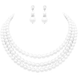 Rosemarie Collections Womens Multi Strand Classic 8mm Faux Pearl Necklace and Earrings Jewelry Set, 16''-19'' with 3'' Extender