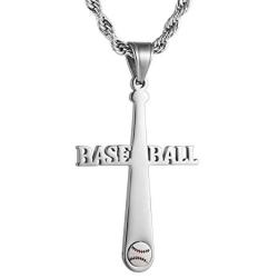 HZMAN Baseball Bat Cross Stainless Steel Pendant Necklace with 20'' 24'' 28'' Rope Chain