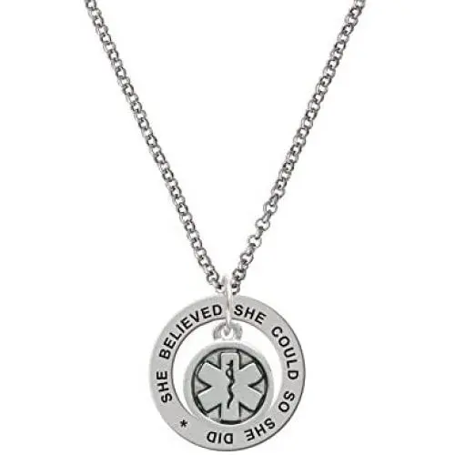 Working Women Rock Silvertone Round EMT Star of Life She Believed She Could Affirmation Ring Necklace, 24''