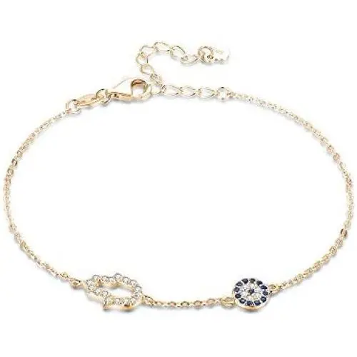 Kaletine Hamsa Hand of Fatima Evil Eye Bracelet Sterling Silver 925 Blue Cubic Zirconia Chain Adjustable 6.5''+1.5''