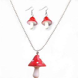 Colorful Mushroom Shape Drop Dangle Earrings Pendant Chain Beaded Necklace Set Sweet Fresh for Women Girls Teens Creative Jewelry Sets Gifts White Dot Gothic Dainty