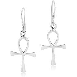 Egyptian Ankh Symbol of Life Cross .925 Sterling Silver Dangle Earrings