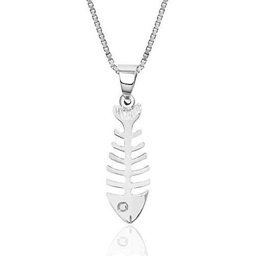 Honolulu Jewelry Company Sterling Silver Fishbone Necklace Pendant with 18'' Box Chain