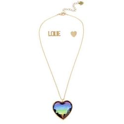 Betsey Johnson Rainbow Heart Stone Pendant Necklace & Stud Earrings Set