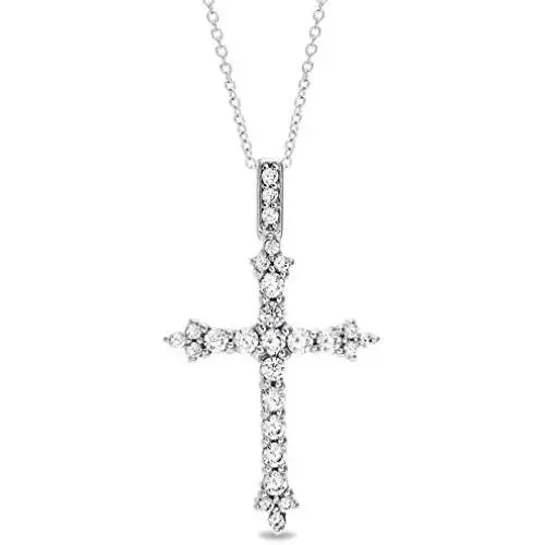 MIA SARINE Sterling Silver Round Cubic Zirconia Fleurette Cross Necklace for Women MIA SARINE Sterling Silver Round Cubic Zirconia Fleurette Cross Necklace for Women