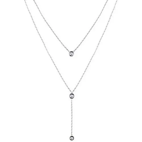 VENSERI 925 Sterling Silver Double Layered Necklace with Three Round Cubic Zirconia Fashion Jewelry for Women