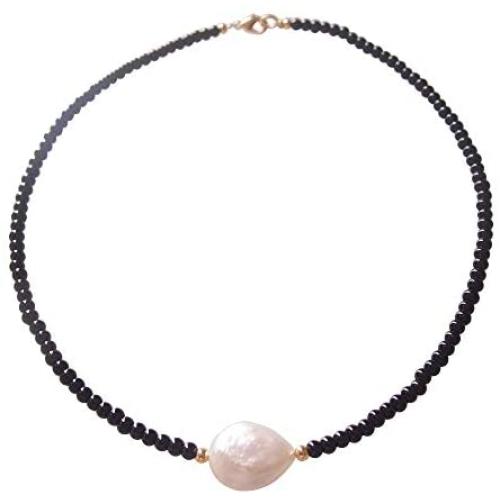 Sundysh Pearl Choker Necklace, Fashion Black Baroque Single Pearl Beaded Necklace Gemstone Short Collar Necklace for Women Girls 14“