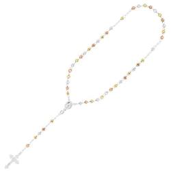 Solid Sterling Silver Tricolor Diamond Cut 3mm-5mm Italian Virgin Mary Rosary Bead Cross Necklace | Made In Italy | 925 Sterling Silver Rosary Y Necklace Chain for Women And Men