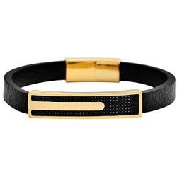 Geoffrey Beene Mens Genuine Leather and Stainless Steel Bracelet with Carbon Fiber ID