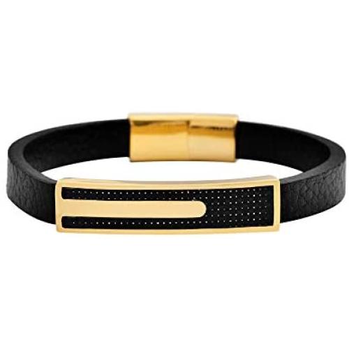 Geoffrey Beene Mens Genuine Leather and Stainless Steel Bracelet with Carbon Fiber ID