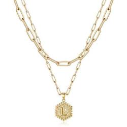 M MOOHAM Dainty Layered Initial Necklaces for Women, 14K Gold Plated Paperclip Chain Necklace Simple Cute Hexagon Letter Pendant Initial Choker Necklace Gold Layered Necklaces for Women
