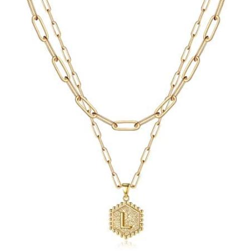 M MOOHAM Dainty Layered Initial Necklaces for Women, 14K Gold Plated Paperclip Chain Necklace Simple Cute Hexagon Letter Pendant Initial Choker Necklace Gold Layered Necklaces for Women