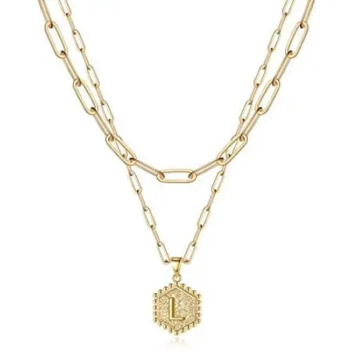 M MOOHAM Dainty Layered Initial Necklaces for Women, 14K Gold Plated Paperclip Chain Necklace Simple Cute Hexagon Letter Pendant Initial Choker Necklace Gold Layered Necklaces for Women
