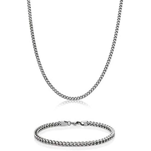 Mens Stainless Steel Thin Foxtail Gift Set Necklace - 4 MM, 22 Inches Length with Lobster Lock
