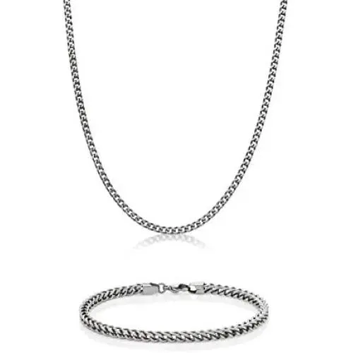 Mens Stainless Steel Thin Foxtail Gift Set Necklace - 4 MM, 22 Inches Length with Lobster Lock