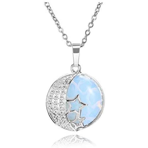 MANIFO Natural Crystal Necklace Silver Moon Star Wrap Healing Gemstone Pendant Necklaces Jewelry