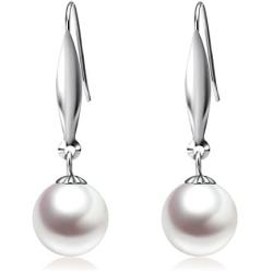 18K White Gold Pearl Dangle Earrings for Women, Fine Jewelry Gifts for Her (9mm Cultured Freshwater Pearl)