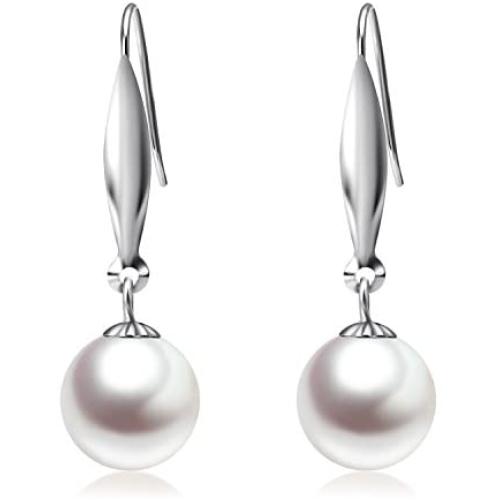 18K White Gold Pearl Dangle Earrings for Women, Fine Jewelry Gifts for Her (9mm Cultured Freshwater Pearl)