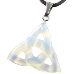 Power Pack Series - 30mm Triquetra Celtic Knot Opalite Iridescent White Clear Blue - 20-22 Inch Adjustable Black Cord – Smelt Crystal Gemstone Collectibles Carved Necklace Handmade Charm