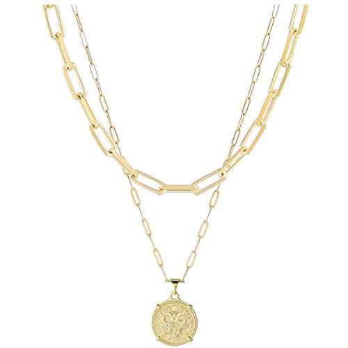 Gold Layered Choker Necklace for Women 18K Gold Plated Moon Star Angel Lion Coin Charm Paperclip Link Chain Necklace Pendant Minimalist Jewelry for Women Girls
