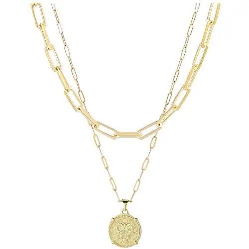 Gold Layered Choker Necklace for Women 18K Gold Plated Moon Star Angel Lion Coin Charm Paperclip Link Chain Necklace Pendant Minimalist Jewelry for Women Girls Gold Layered Choker Necklace for Women 18K Gold Plated Moon Star Angel Lion Coin Charm Paperclip Link Chain Necklace Pendant Minimalist Jewelry for Women Girls