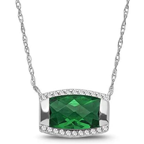 Sterling Silver Diamond and Lab-Created Emerald Pendant Necklace (1/10 cttw, I-J Color, I2-I3 Clarity), 18''