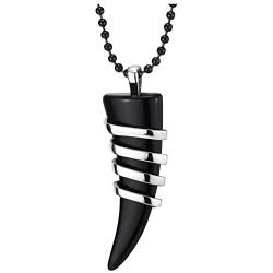 COOLSTEELANDBEYOND Men Women Black Onyx Tusk Horn Pendant Wrapped by Stainless Steel Wire Black Silicone Strap Necklace