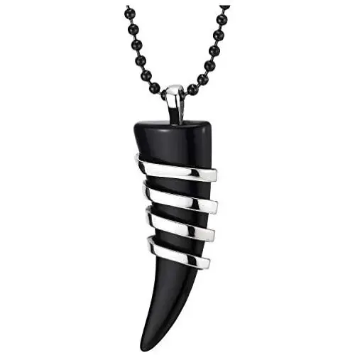 COOLSTEELANDBEYOND Men Women Black Onyx Tusk Horn Pendant Wrapped by Stainless Steel Wire Black Silicone Strap Necklace COOLSTEELANDBEYOND Men Women Black Onyx Tusk Horn Pendant Wrapped by Stainless Steel Wire Black Silicone Strap Necklace