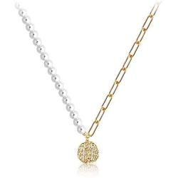 FFJGO Paper Clip Necklace Freshwater Cultured Pearls Vintage Chunky Link Chain Mosaic Irregular Coin Pendant 14K Gold Fashion Retro Charm Valentine Jewelry for Women Girls