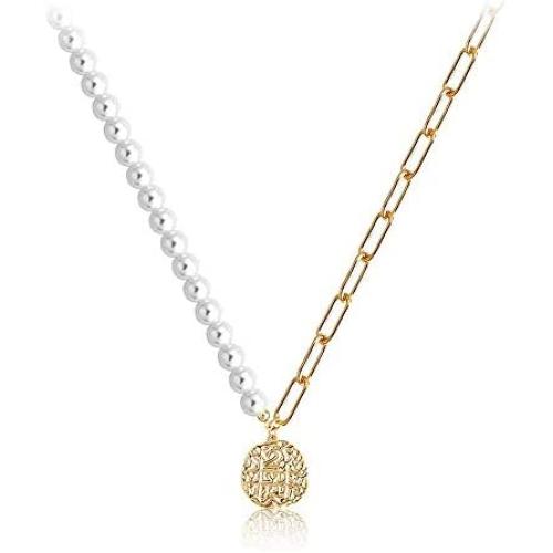 FFJGO Paper Clip Necklace Freshwater Cultured Pearls Vintage Chunky Link Chain Mosaic Irregular Coin Pendant 14K Gold Fashion Retro Charm Valentine Jewelry for Women Girls