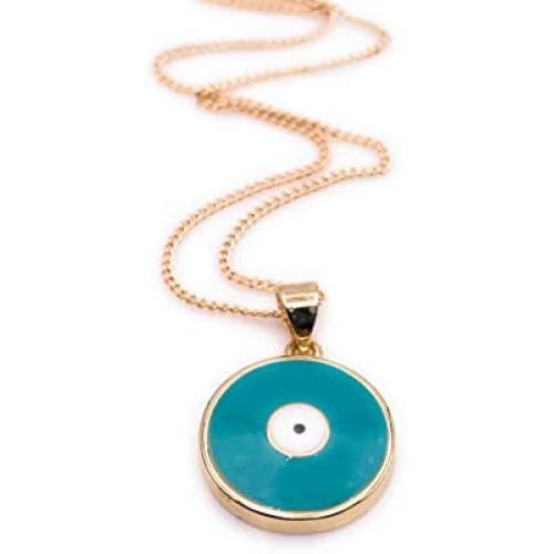 Turquoise Enamel Gold Evil Eye Necklace 18K Plated Chain''18 Inches'' Length Fashion Jewelry