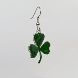 St. Patricks Day Irish Shamrock Dangle Earrings Green Enamel on Silver Finish Pewter