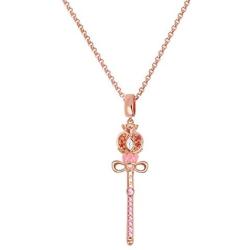 KAMONI Sailor Moon Wand Pendant Necklace Sterling Silver Beauty Soldiers 18K Rose Gold Plated with Cubic Zirconia CZ Necklace Adjustable Length Pearl Chain Jewelry Gifts for Women Girls