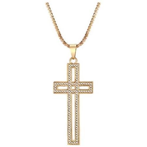 Qiji Womens 3D Crystal Cross Necklace Hollowed Alloy Cross Necklace Snake Chain Religious Jewelry
