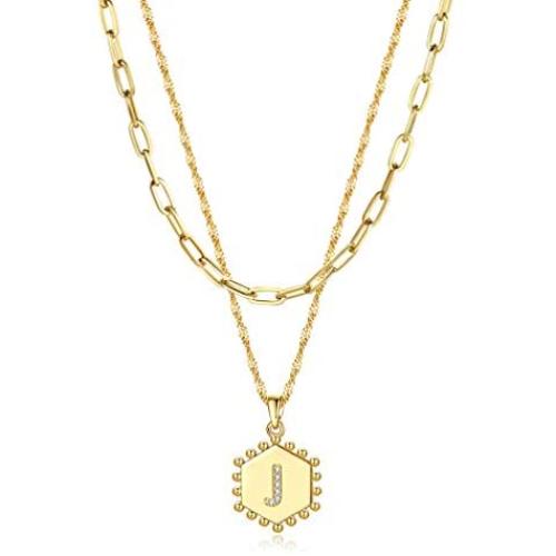 DHQH Layered Initial Necklaces for Women Girls,14K Gold Plated Paperclip Chain Necklace Adjustable Hexagon Letter Pendant Initial Layering Choker Necklace Jewelry Teen Girls Gifts