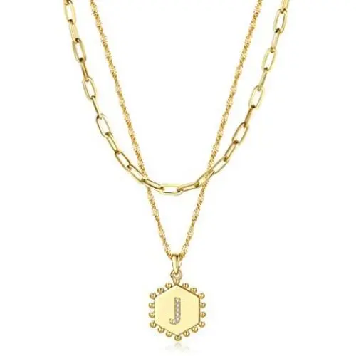 DHQH Layered Initial Necklaces for Women Girls,14K Gold Plated Paperclip Chain Necklace Adjustable Hexagon Letter Pendant Initial Layering Choker Necklace Jewelry Teen Girls Gifts