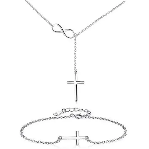 Q﹠YFH Dainty Gold Infinity Cross Y Necklace Bracelets Jewelry Set Cool Cross Infinity Necklaces for Women Teen Girls