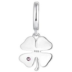 JO WISDOM 925 Sterling Silver Lucky 4 Leaf Clover Charm Dangle Bead with 3A Cubic Zirconia for Bracelet for Women Girls,Hole Size:5.2MM