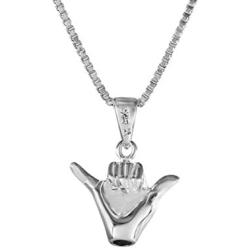 Sterling Silver Hawaiian Shaka Hang Loose Necklace Pendant with 18'' Box Chain