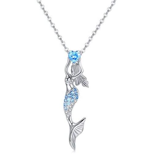 Cuoka Mermaid Necklace, Mermaid Earrings 925 Sterling Silver Nautical Jewelry Ariel Necklace for Women Mermaid Decor Mermaid Lover Gift