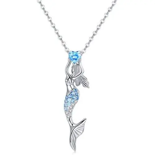 Cuoka Mermaid Necklace, Mermaid Earrings 925 Sterling Silver Nautical Jewelry Ariel Necklace for Women Mermaid Decor Mermaid Lover Gift