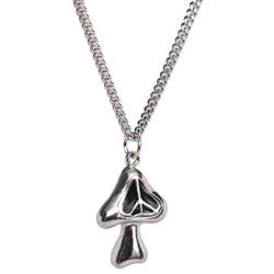 Magic Mushroom Peace Sign Black Enamel Accents Silver Finish Pendant Necklace