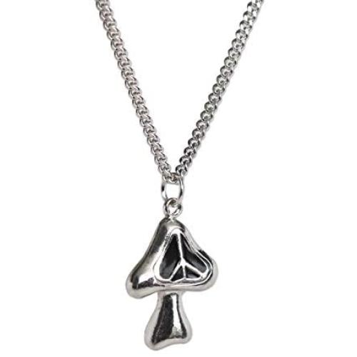 Magic Mushroom Peace Sign Black Enamel Accents Silver Finish Pendant Necklace